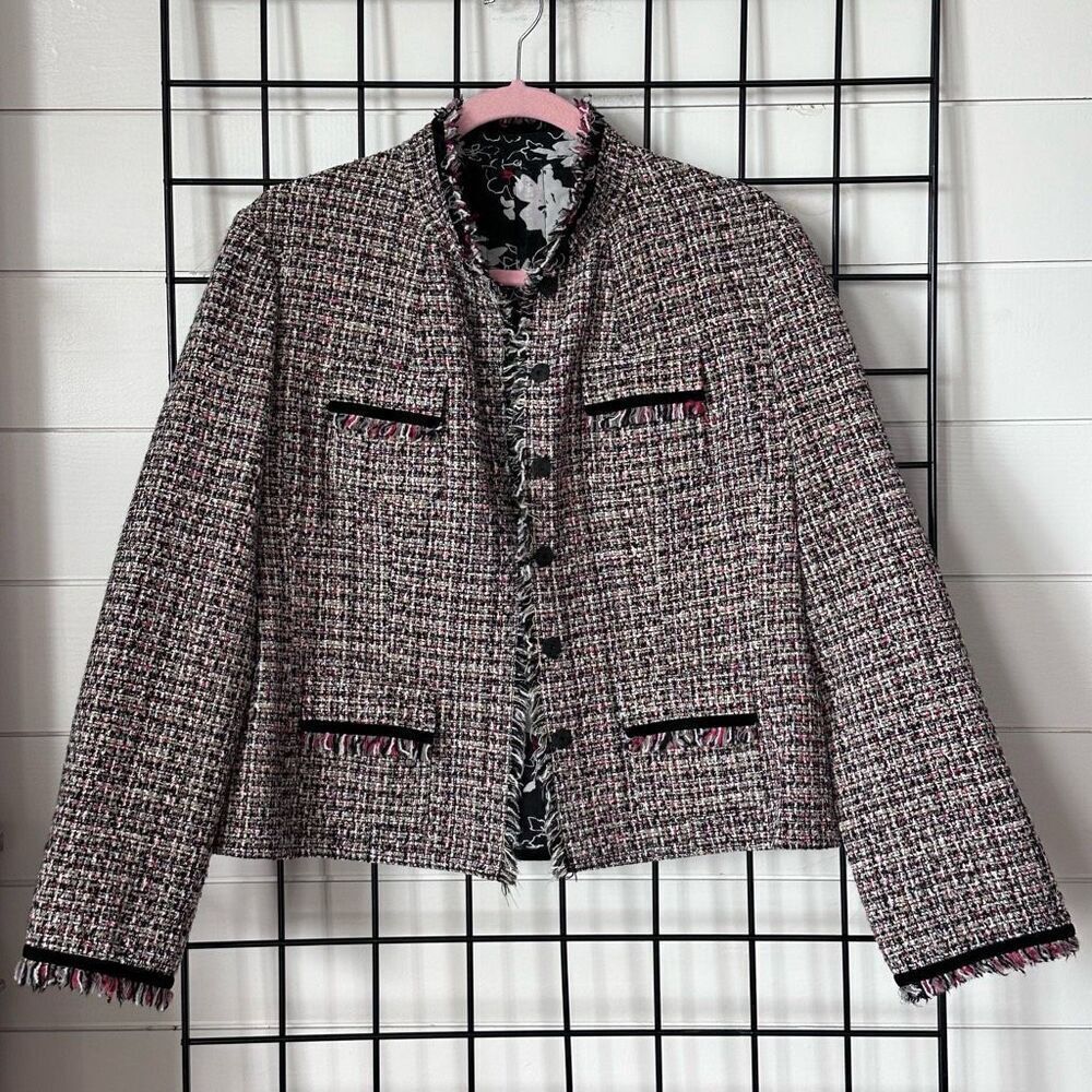 VTG Bay Studio Tweed Fringe Blazer Womens 12 Multicolor Reversible